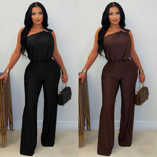 Chic One-Shoulder Wide-Leg Jumpsuit – Elegant Sleeveless Bodycon Romper for Women