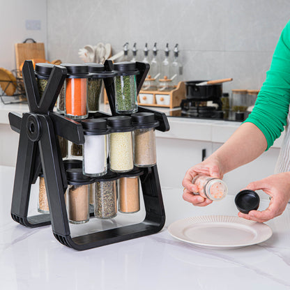 Rotating Ferris Wheel Spice Rack Set - 18 Glass Seasoning Bottles & Jars Organizer