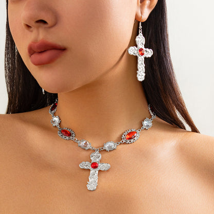 Palace Style Cross Pendant Necklace & Earring Set with Red Gemstones