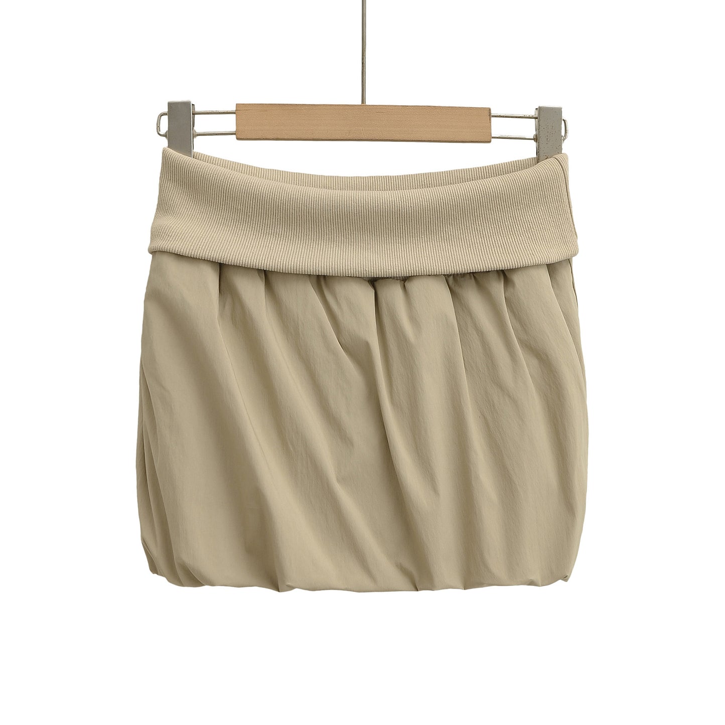 Trendy High-Waisted Khaki Bubble Skirt - Chic Wide Folded Mini Skirt