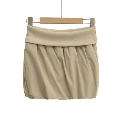 Trendy High-Waisted Khaki Bubble Skirt - Chic Wide Folded Mini Skirt