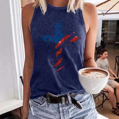 Sleeveless Top T-Shirt Round Neck Pullover | Patriotic American Flag Cross Graphic Tank