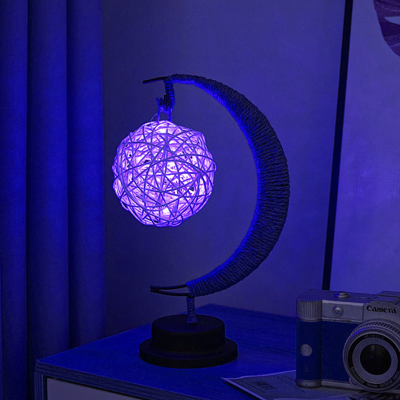 LED Star in Moon Night Light with Hemp Rope and Iron Art Base