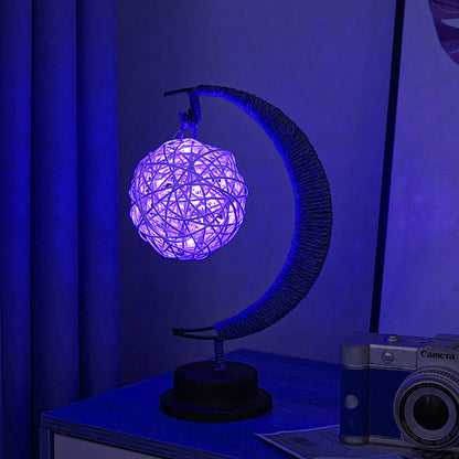 LED Star in Moon Night Light with Hemp Rope and Iron Art Base