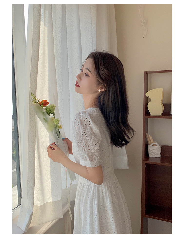 Sweet French Embroidered White Long Dress - Summer Elegant V-Neck Short Sleeve Maxi Skirt for Women
