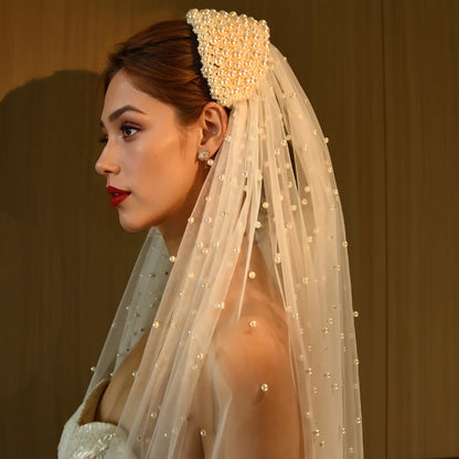 Royal Cathedral Length Wedding Veil with Pearl Beaded Headband / Extra Long Bridal Veil with Comb Hair Accessories