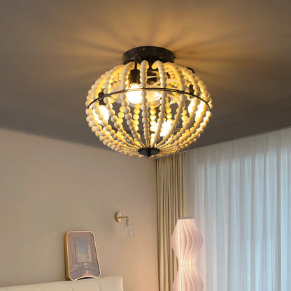 Bohemian Wood Beaded Chandelier – Elegant Flush Mount Ceiling Light for Bedroom & Nursery