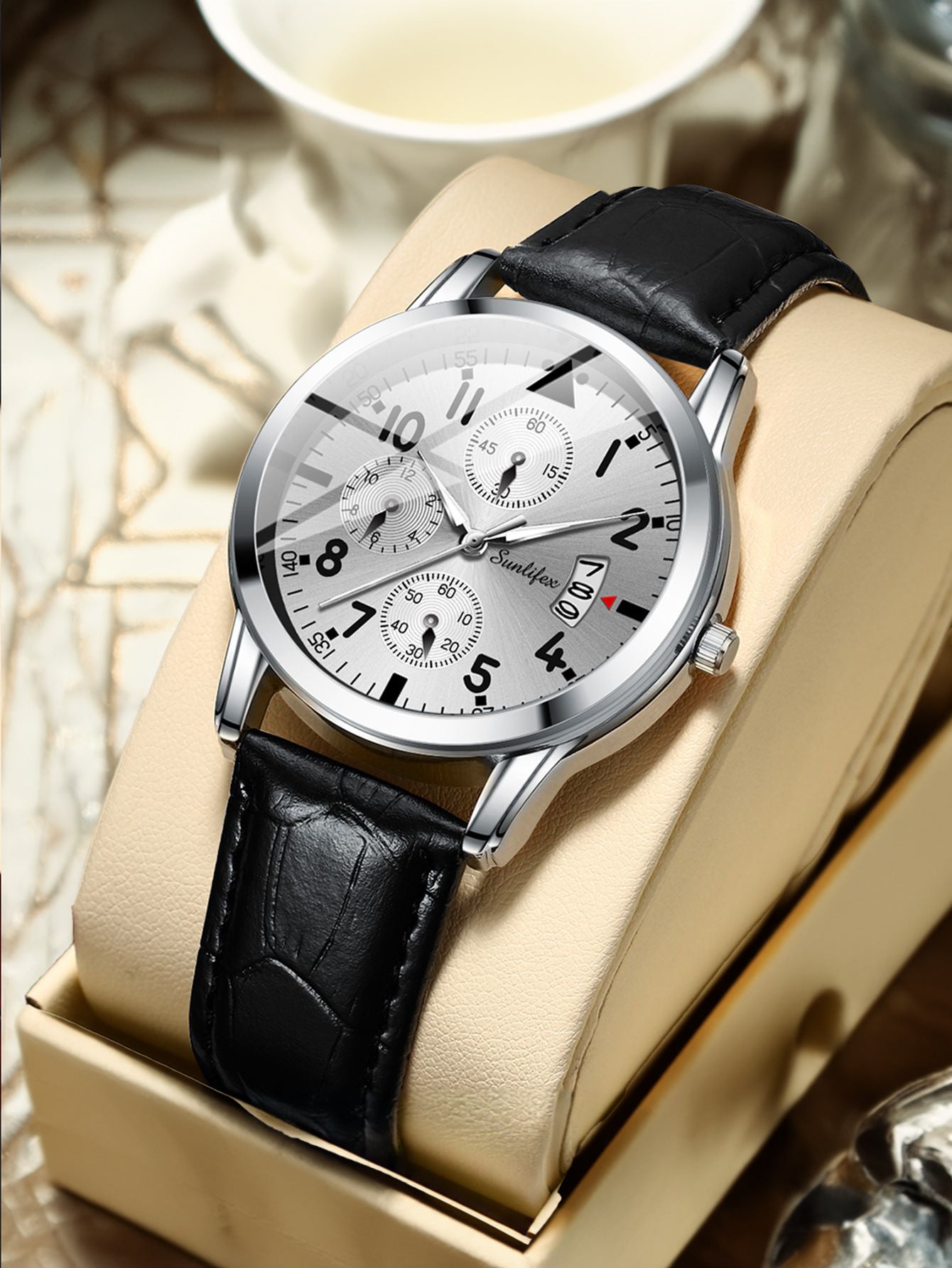 Waterproof Analog Men's Watch (Student/Casual) with Black Dial and Leather Band.