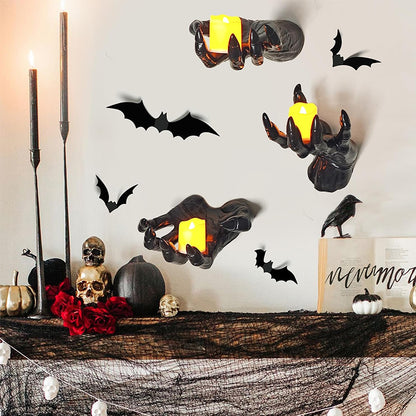 Gothic Spooky Hands Wall Decor – Halloween Candle Holder & Bat Wall Stickers Set
