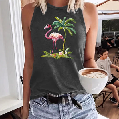 Flamingo Palm Tree Pattern Loose Women's Tank Top | Tropical Graphic Sleeveless Shirt