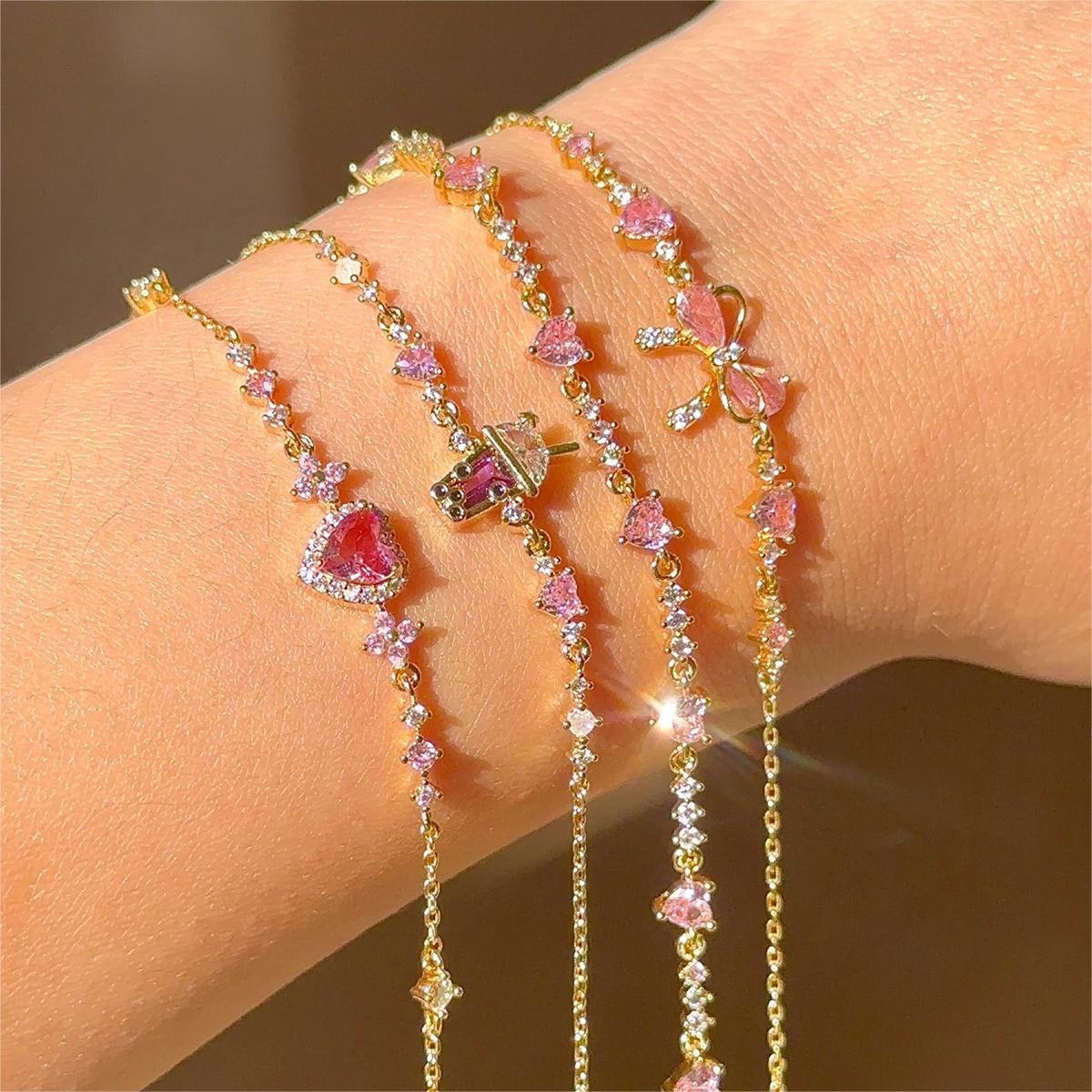 Ins Style Cute Pink Zircon Butterfly Charm Bracelet Set for Women