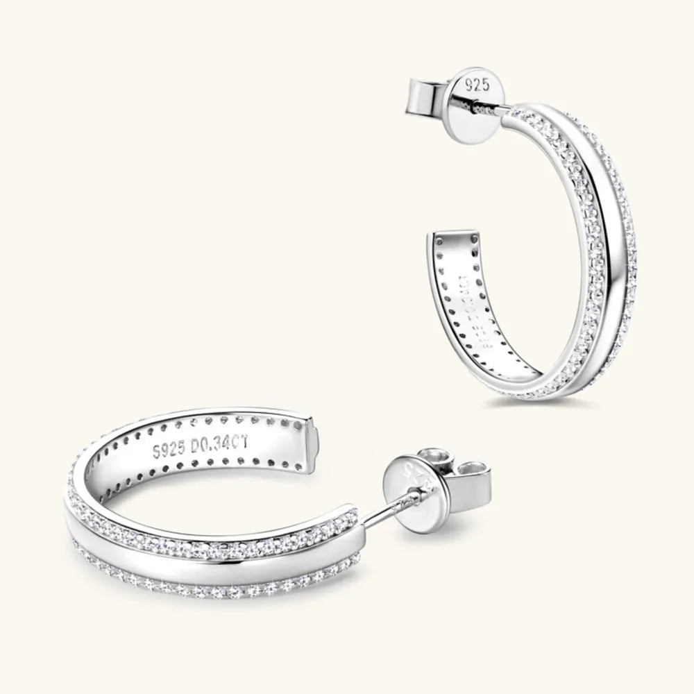 Dainty Moissanite Pave 925 Silver C-Hoop Earrings
