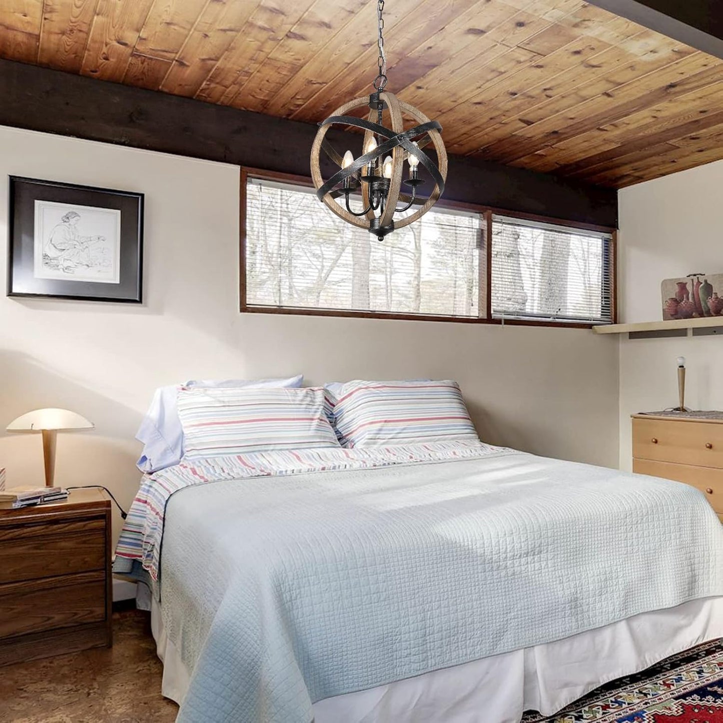 Rustic Farmhouse Orb Chandelier – 4-Light Vintage Wood & Metal Globe Pendant for Dining Room
