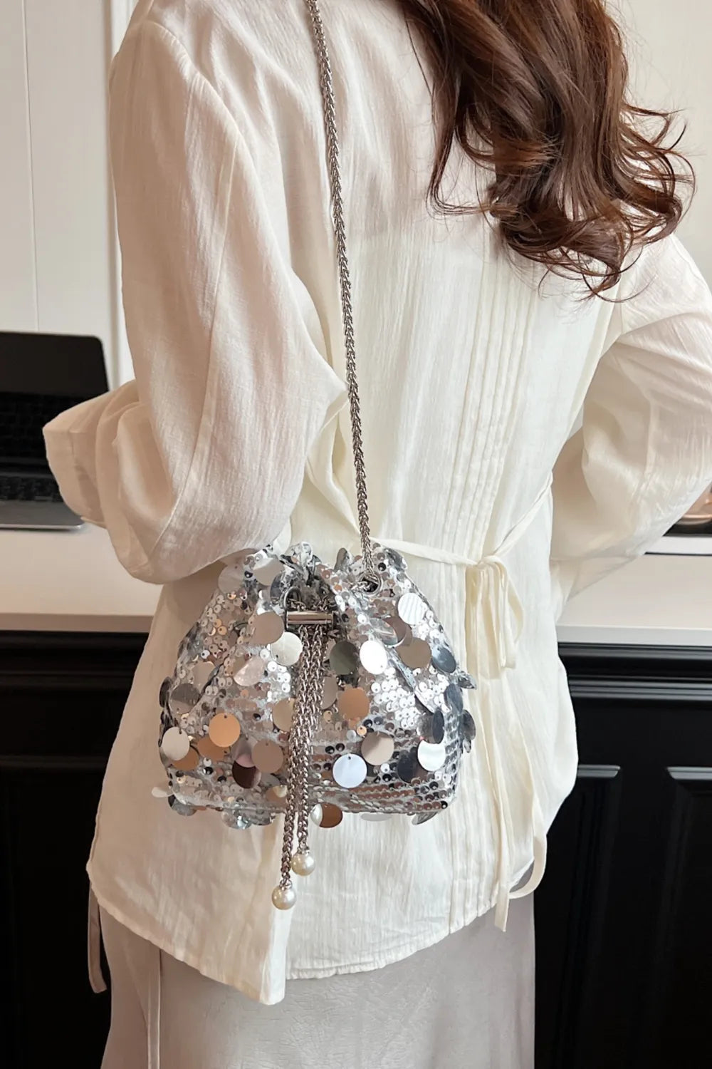 Shimmering Drawstring Sequin Pouch Crossbody Bag