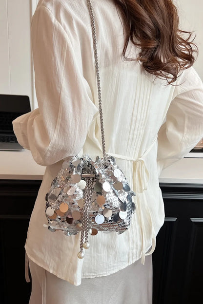 Shimmering Drawstring Sequin Pouch Crossbody Bag