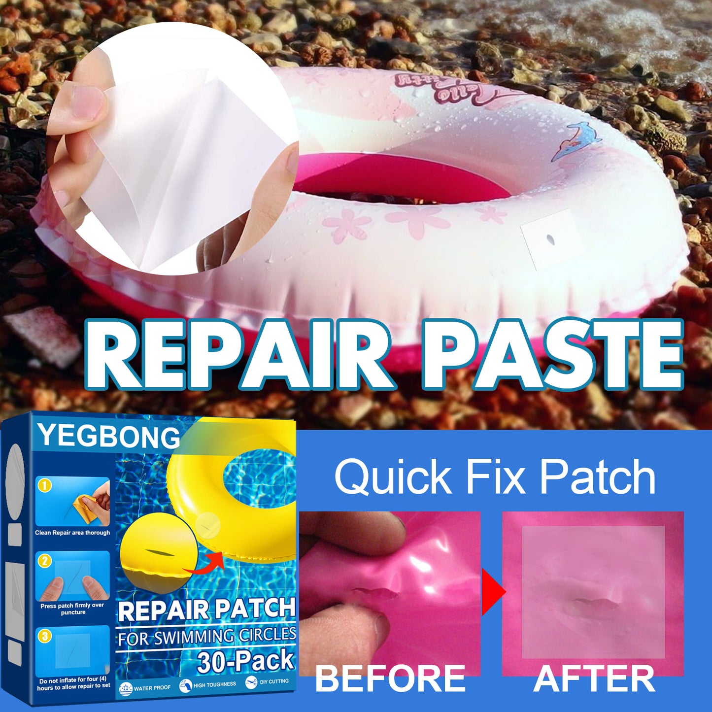 Quick Fix Vinyl Repair Kit (30-Pack) for Swimming Rings and Air Mattresses