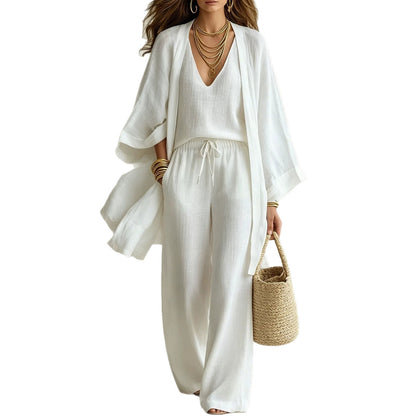 Elegant Linen Look 3-Piece Matching Set - Flowing Open Front Shrug with Wide Leg Pants