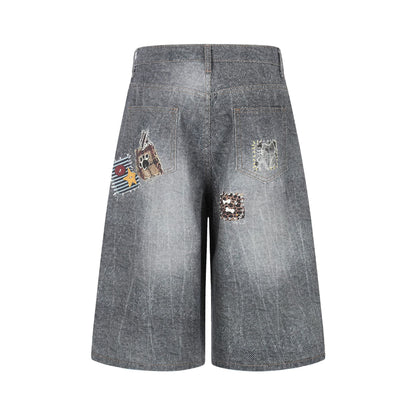 Vintage Patchwork Graphic Denim Shorts - Retro Washed Wide Leg Streetwear Culottes