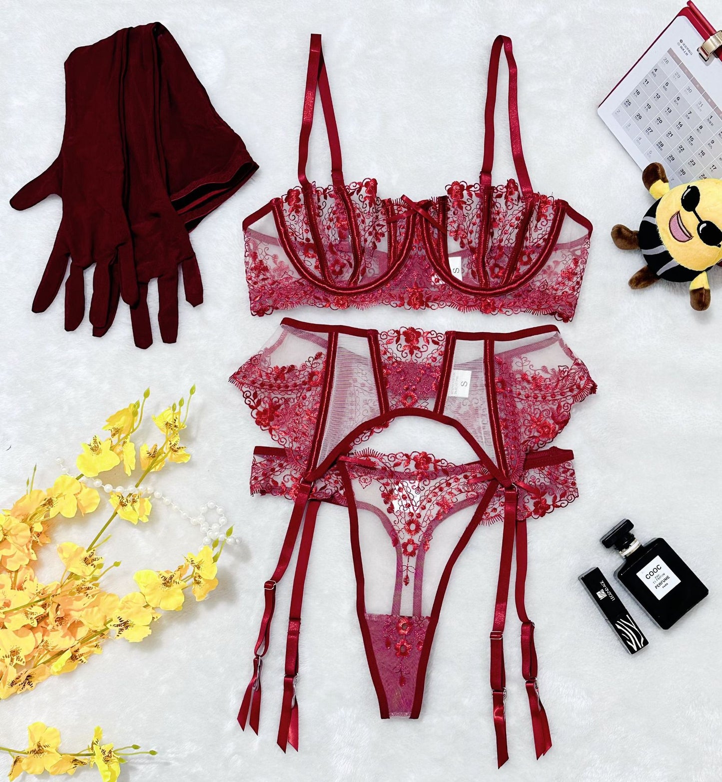 Floral Embroidery Patchwork Sheer Mesh Garter Lingerie Set