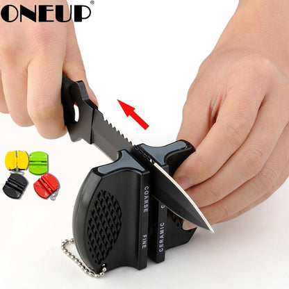 ONEUP Mini Portable Knife Sharpener - Two-Stage Tungsten & Ceramic Rod Sharpener with Butterfly Grip (Quick & Easy Sharpening)