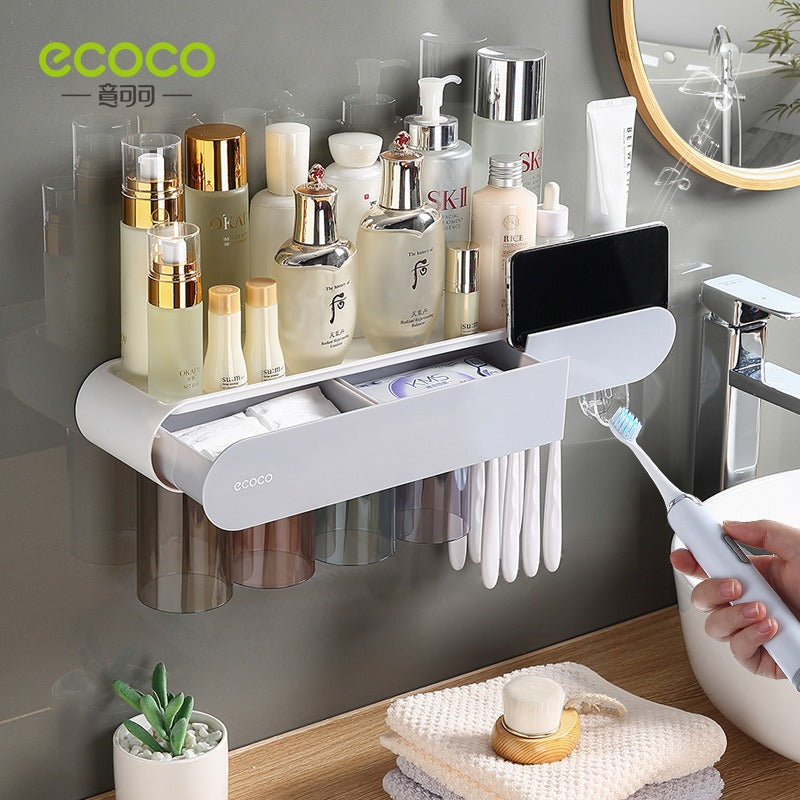 Multi-Functional Wall-Mounted Toothbrush Holder & Organizer – Punch-Free Magnetic Mouthwash Cup Set for Bathroom