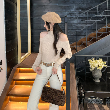 Sexy High Neck Off-Shoulder Cable Knit Sweater – Unique Fitted Cold Shoulder Pullover for Women