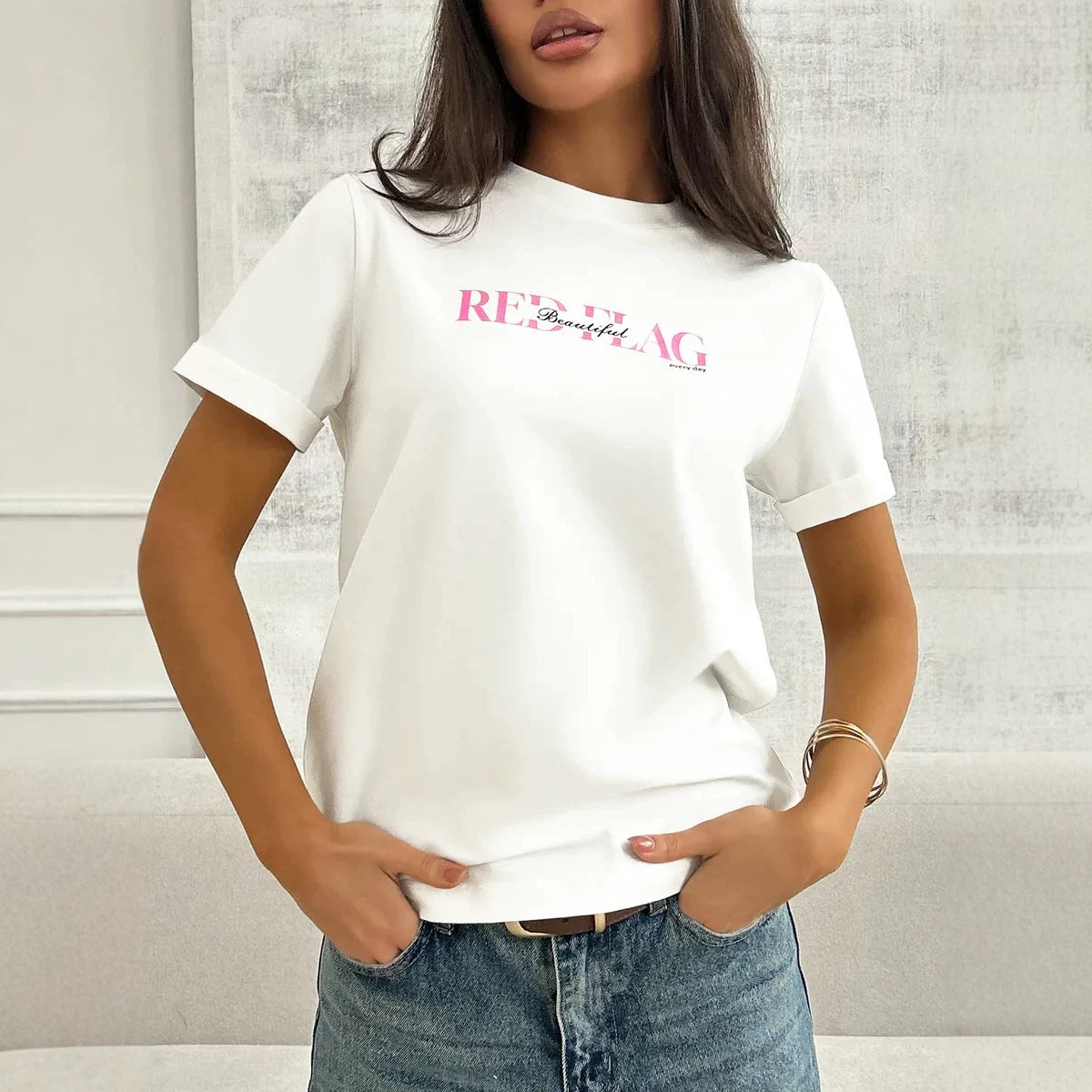 Red Flag" Slogan Printed Loose Round Neck T-Shirt for Women