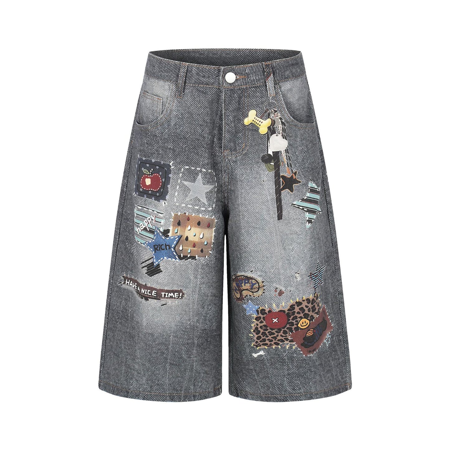 Vintage Patchwork Graphic Denim Shorts - Retro Washed Wide Leg Streetwear Culottes
