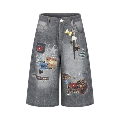 Vintage Patchwork Graphic Denim Shorts - Retro Washed Wide Leg Streetwear Culottes
