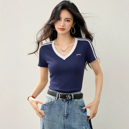 White V-Neck Bow Tie Knit T-Shirt - Waist-Cinching Short Sleeve Top