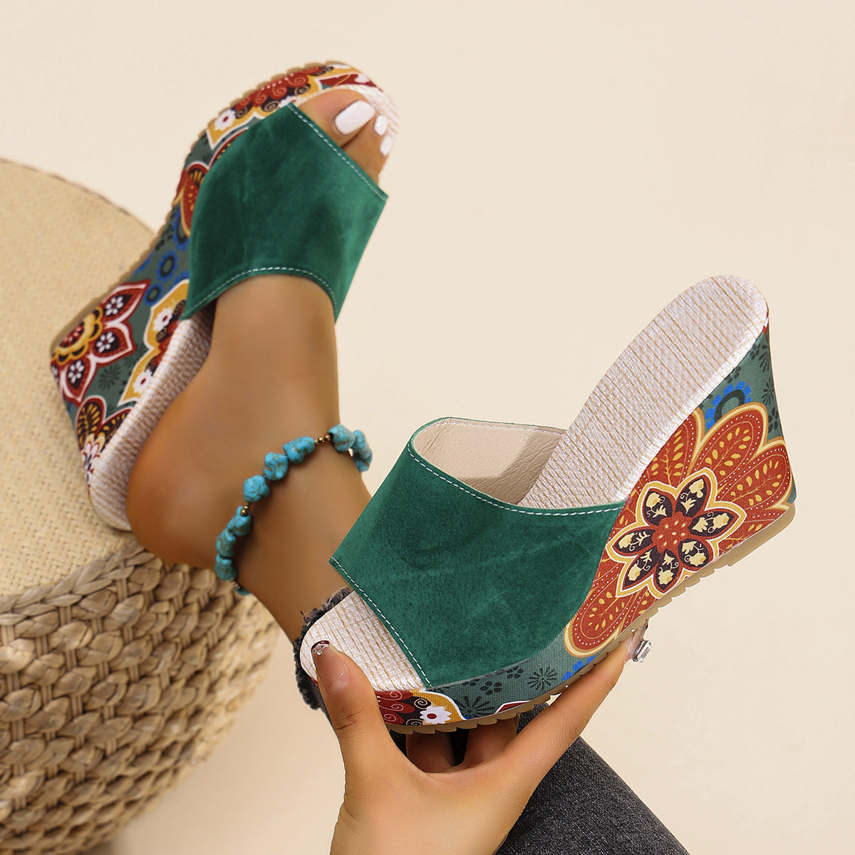 Women's Vintage Patterned Wedge Sandals - Thick Sole Open Toe Slides