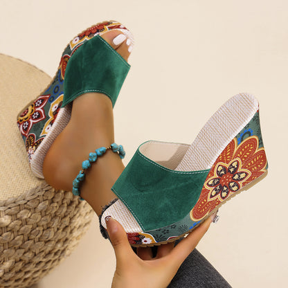 Women's Vintage Patterned Wedge Sandals - Thick Sole Open Toe Slides