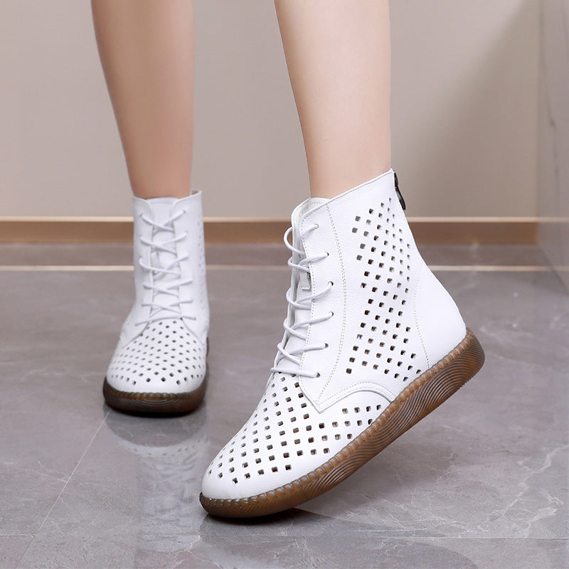 Women's Retro Hollowed Out Martin Boots – Soft Breathable Leather Flat Boots for All-Day Comfort