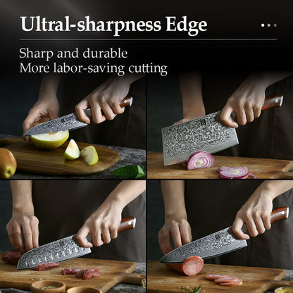 XINZUO 4-Piece Damascus Steel Kitchen Knife Set - 67 Layers VG10 Core Chef, Santoku, Utility & Cleaver Knives with Ergonomic Wood Handle