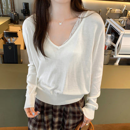 Trendy Gray V-Neck Long Sleeve Knit Top – Loose Lazy Style Elegant Slimming Sweater for Women