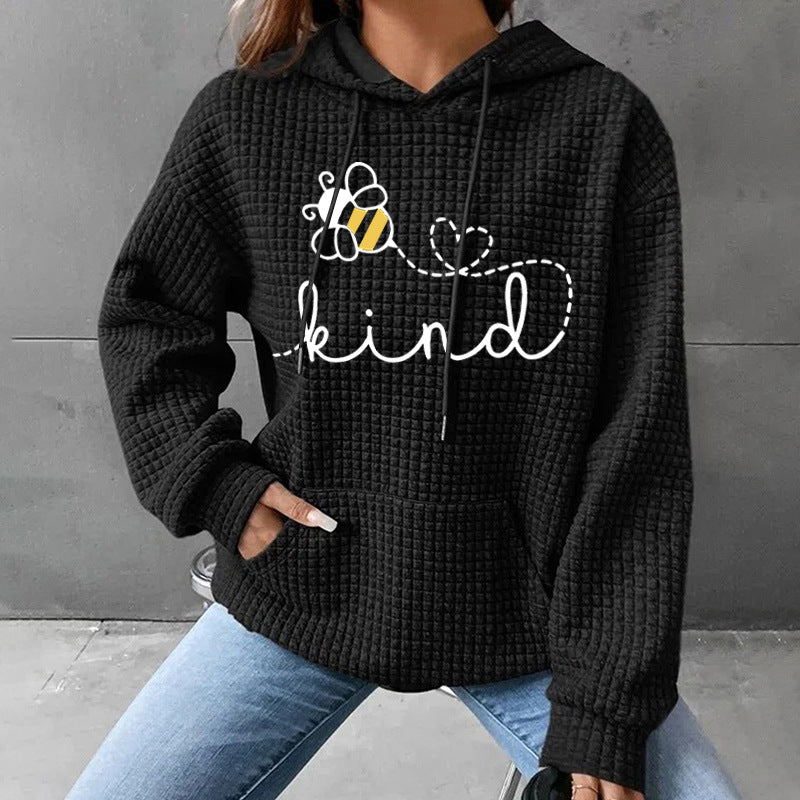 Be Kind" Bee Print Waffle Knit Hoodie | Cozy Cream Hooded Pullover for Women