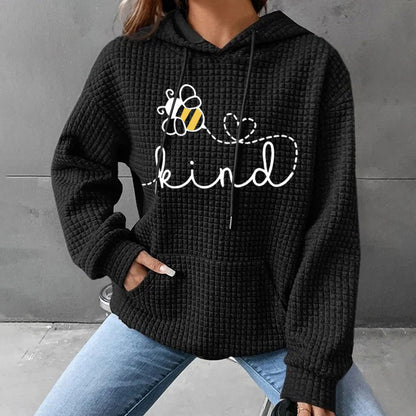 Be Kind" Bee Print Waffle Knit Hoodie | Cozy Cream Hooded Pullover for Women