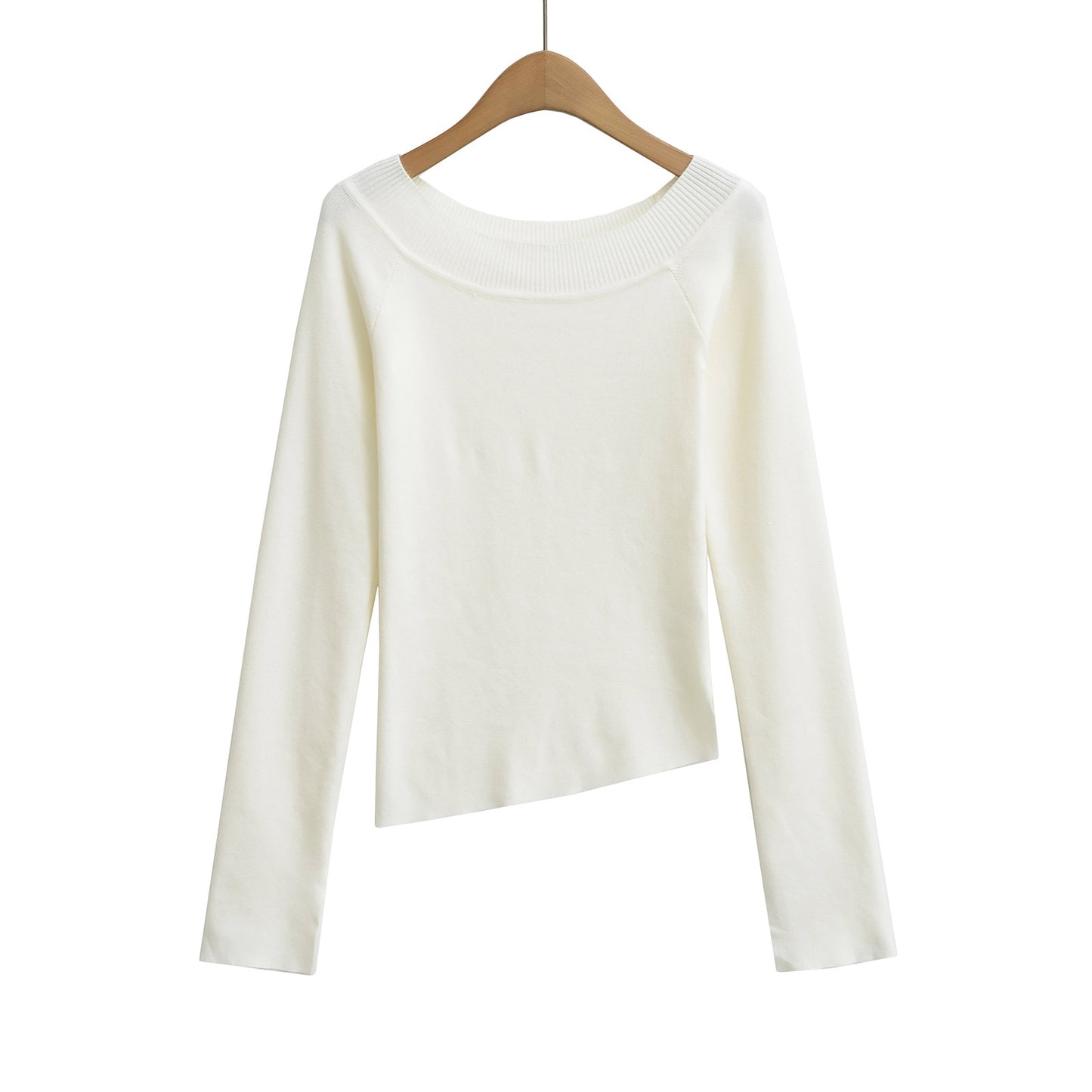 Chic Off-Shoulder Asymmetrical Knit Top – Slim Fit Elastic Long Sleeve Shirt for Women