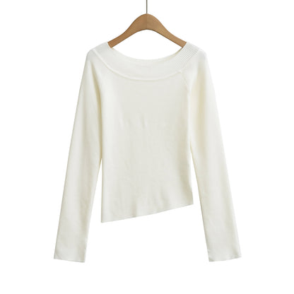 Chic Off-Shoulder Asymmetrical Knit Top – Slim Fit Elastic Long Sleeve Shirt for Women