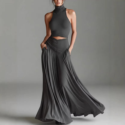 Chic Solid Color Two-Piece Dress Set - High Waist Ruched Long Skirt Outfit