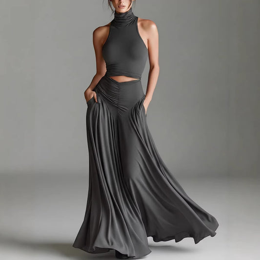 Chic Solid Color Two-Piece Dress Set - High Waist Ruched Long Skirt Outfit