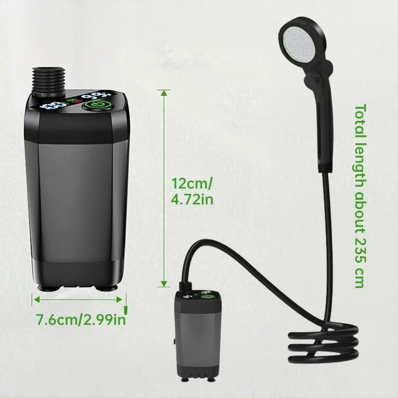 Portable electric shower pump with detachable handheld shower head and coiled hose, measurements shown.