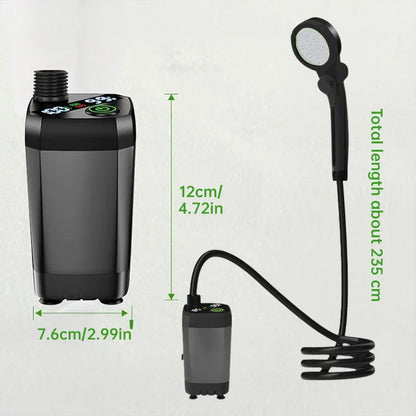 Portable electric shower pump with detachable handheld shower head and coiled hose, measurements shown.