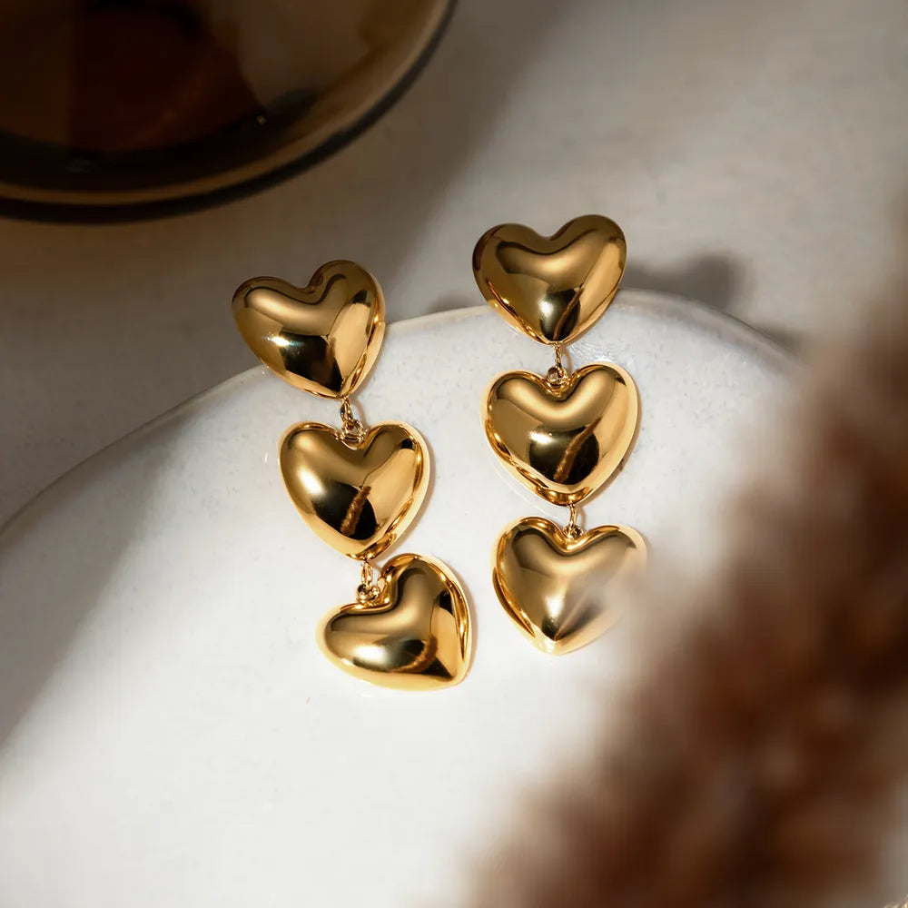 Dainty Stainless Steel Triple Heart Drop Earrings