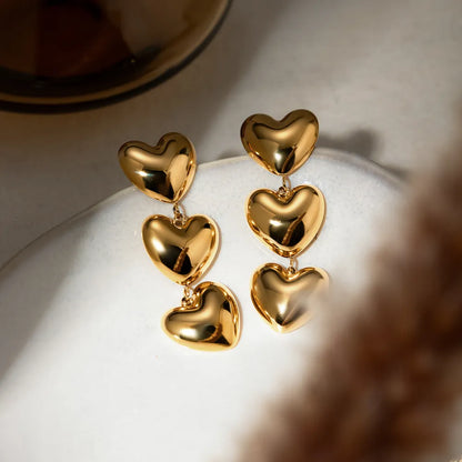 Dainty Stainless Steel Triple Heart Drop Earrings