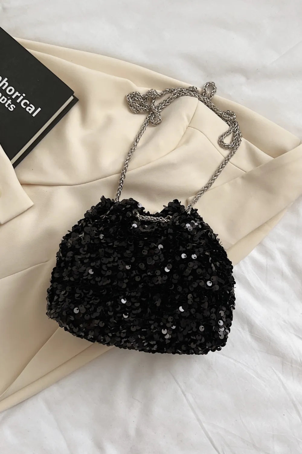 Sparkling Sequin Drawstring Bucket Bag with Chain Strap