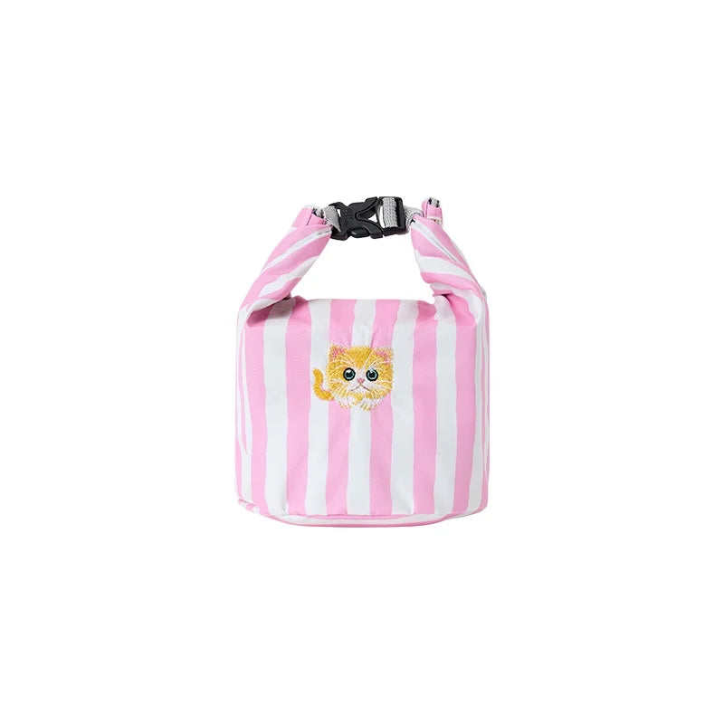 Cute Pink Striped Insulated Lunch Bag - Folding Roll-Top Large Capacity Bento Cooler Bag
