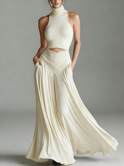Chic Solid Color Two-Piece Dress Set - High Waist Ruched Long Skirt Outfit