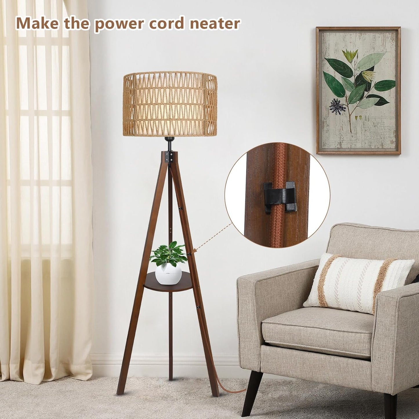 Boho Wooden Tripod Floor Lamp – Elegant Standing Lamp with Rattan Shade & Built-in Shelf for Bedroom Decor