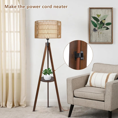 Boho Wooden Tripod Floor Lamp – Elegant Standing Lamp with Rattan Shade & Built-in Shelf for Bedroom Decor